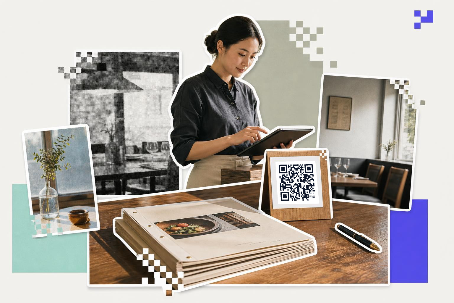 Woman using a tablet in a restaurant with a QR code on a wooden stand nearby.