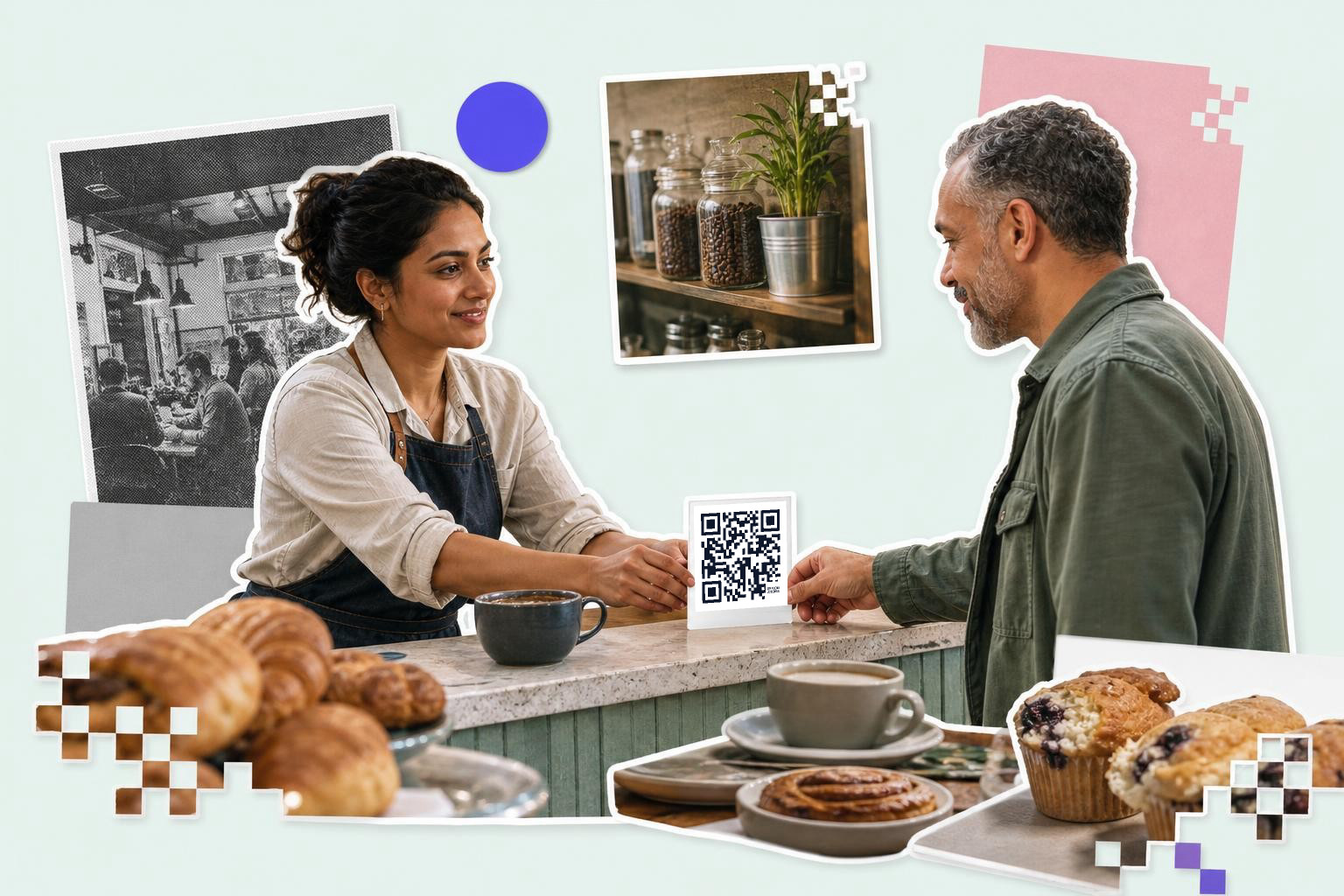 Barista hands a QR code card to a customer at a cafe counter with pastries and coffee.