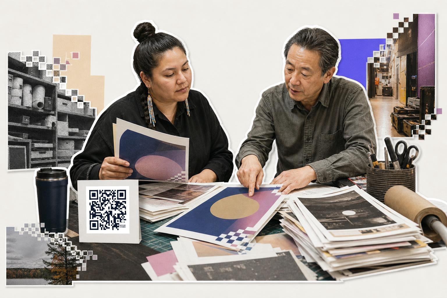 Two individuals discuss printed materials at a table, examining papers with a QR code visible on a card beside them.