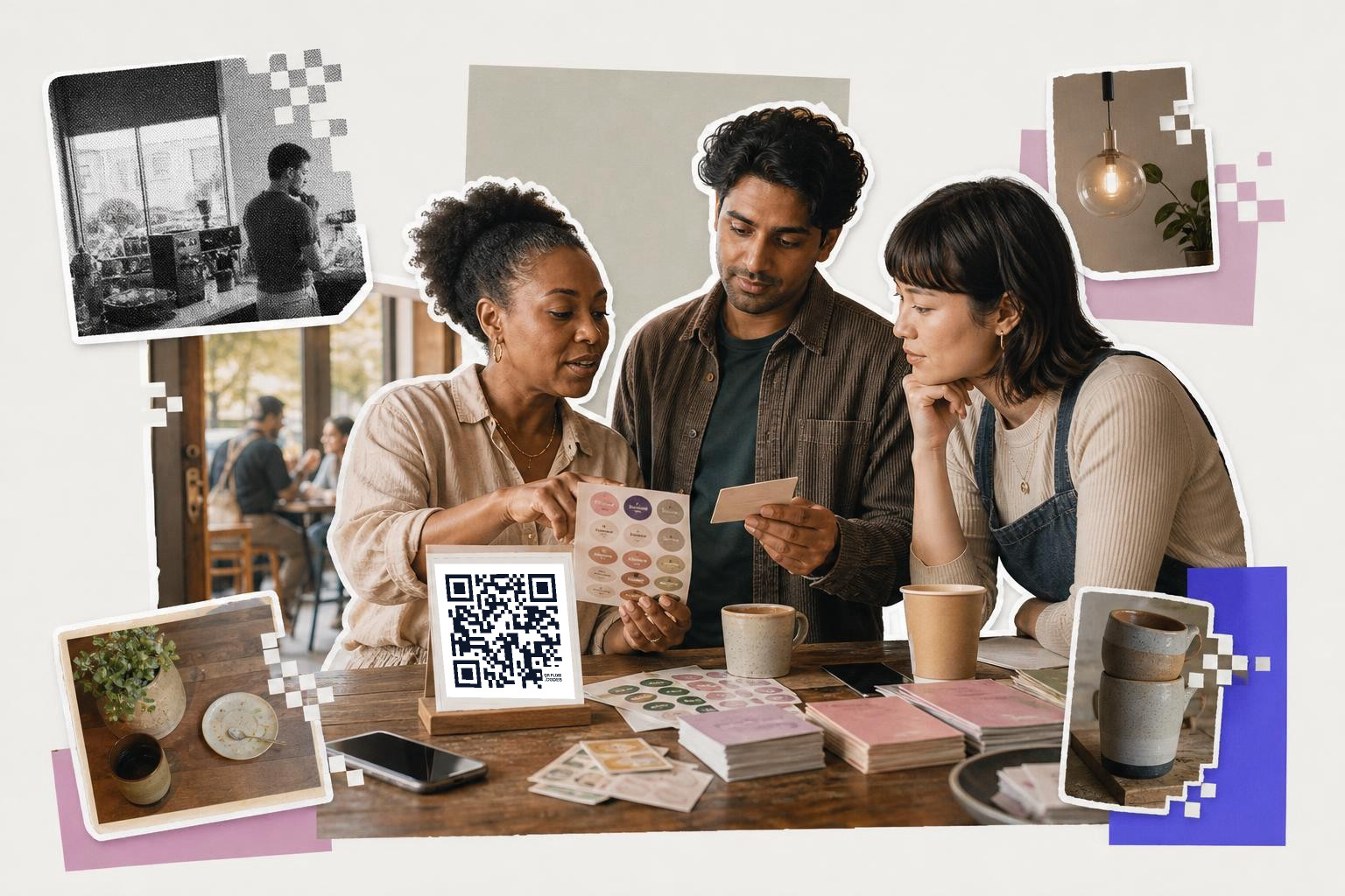 Three people at a table discussing stickers with a QR code card, surrounded by cafe-themed cutouts.