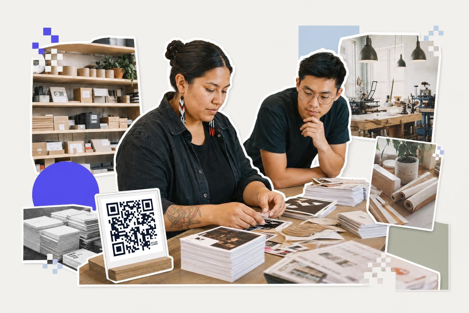 Two people at a table with printed materials and a QR code card, surrounded by workshop images., qr codes that don't exp