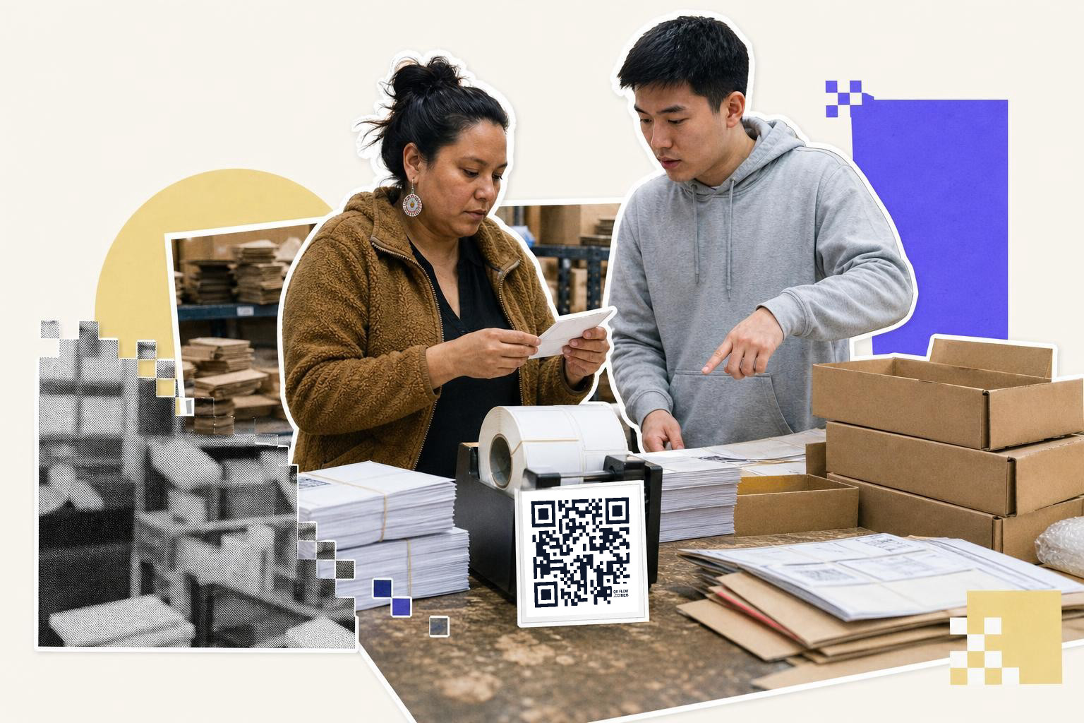 Two people working with stacks of paper and boxes, QR code on a dispenser, in a warehouse setting.