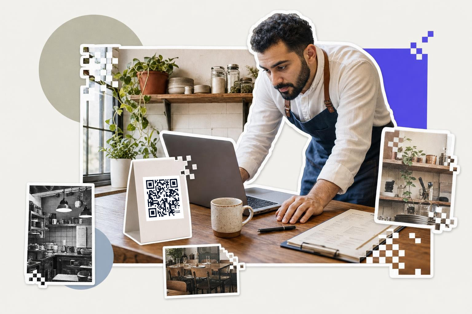 Man in apron leans over laptop in kitchen with QR code card on table, surrounded by plant decor.