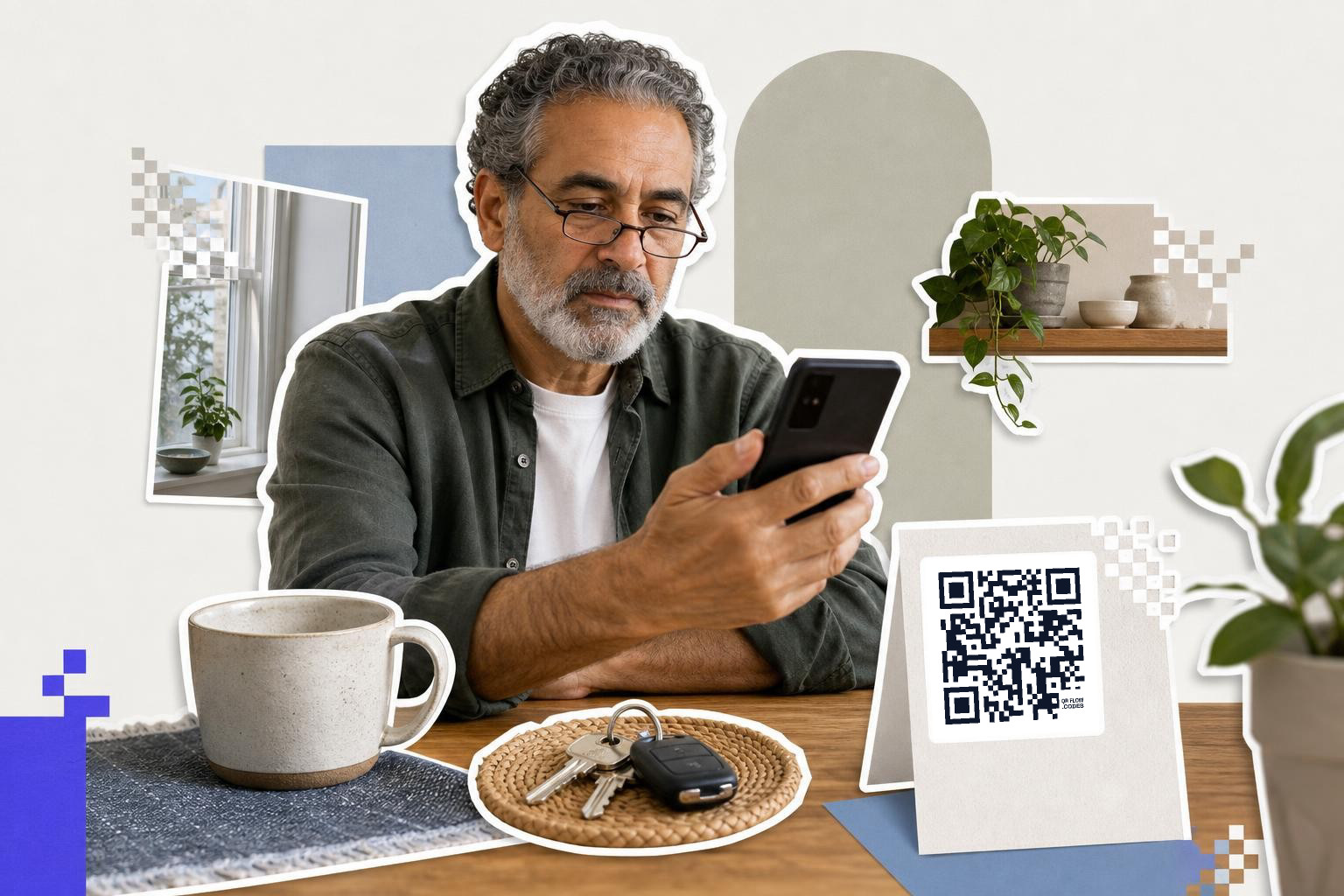 Man with glasses looks at smartphone near a mug, keys, and QR code card on a table.