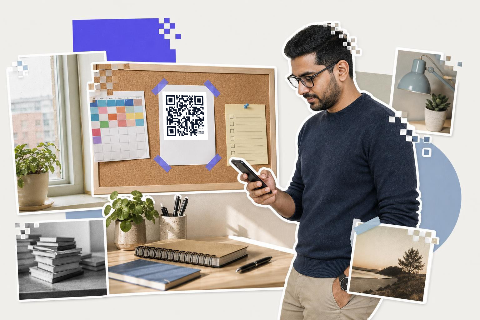 Man holding phone near corkboard with QR code and notes in a home office setting.
