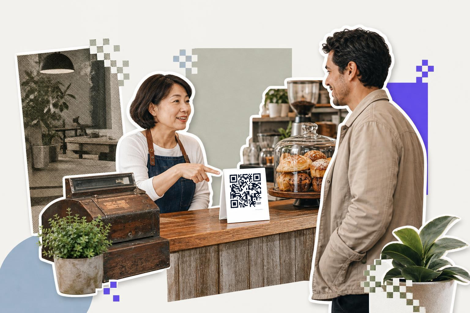 Woman at a counter pointing at a QR code card while a man stands nearby in a cafe.