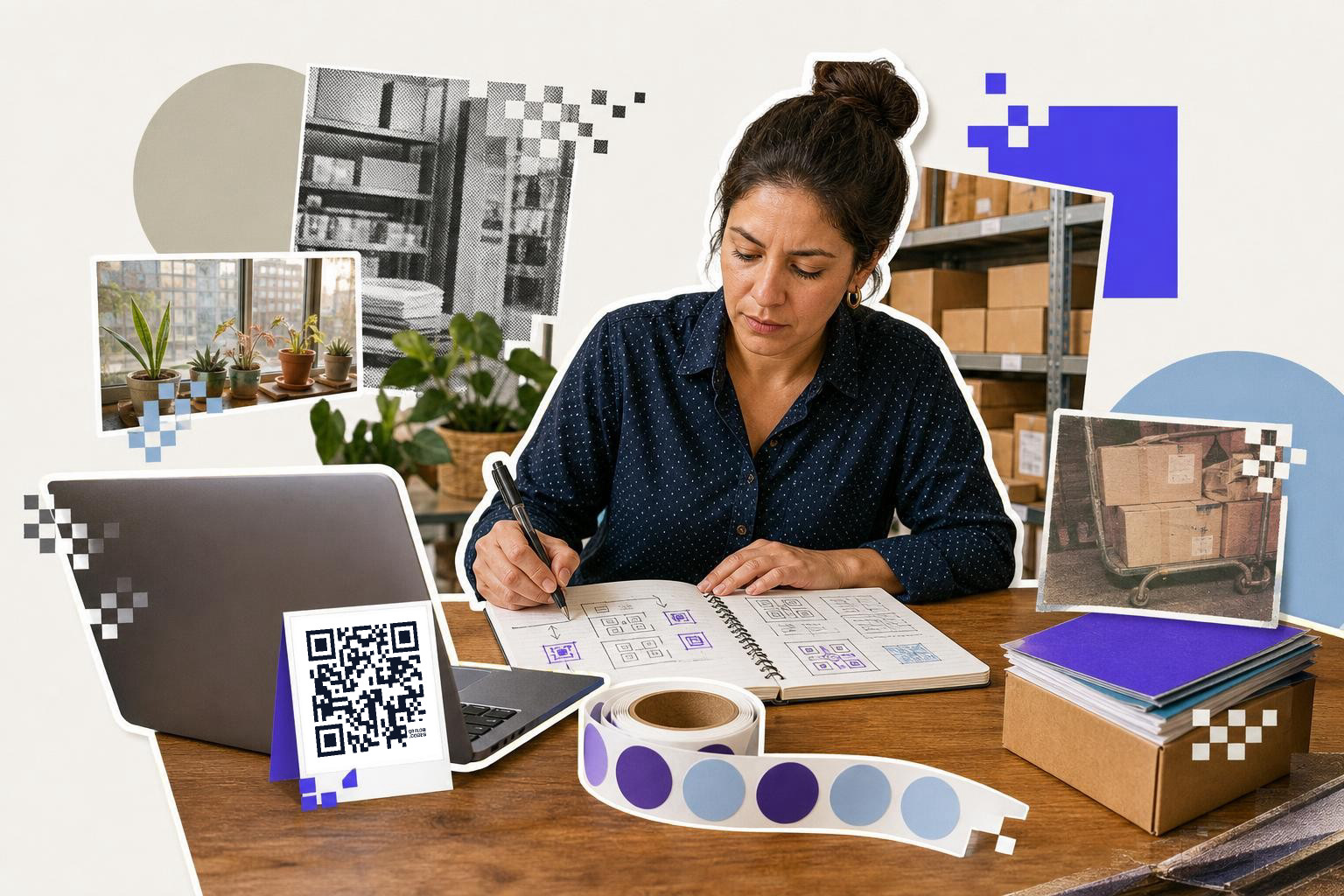 Woman writing in a notebook at a shop desk beside a laptop, a printed flyer and a QR code card, working out scan numbers by hand