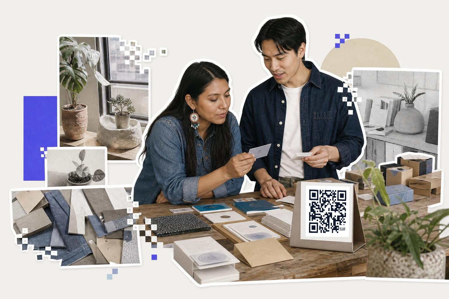 Two people examining cards at a table with a QR code on a paper bag nearby.