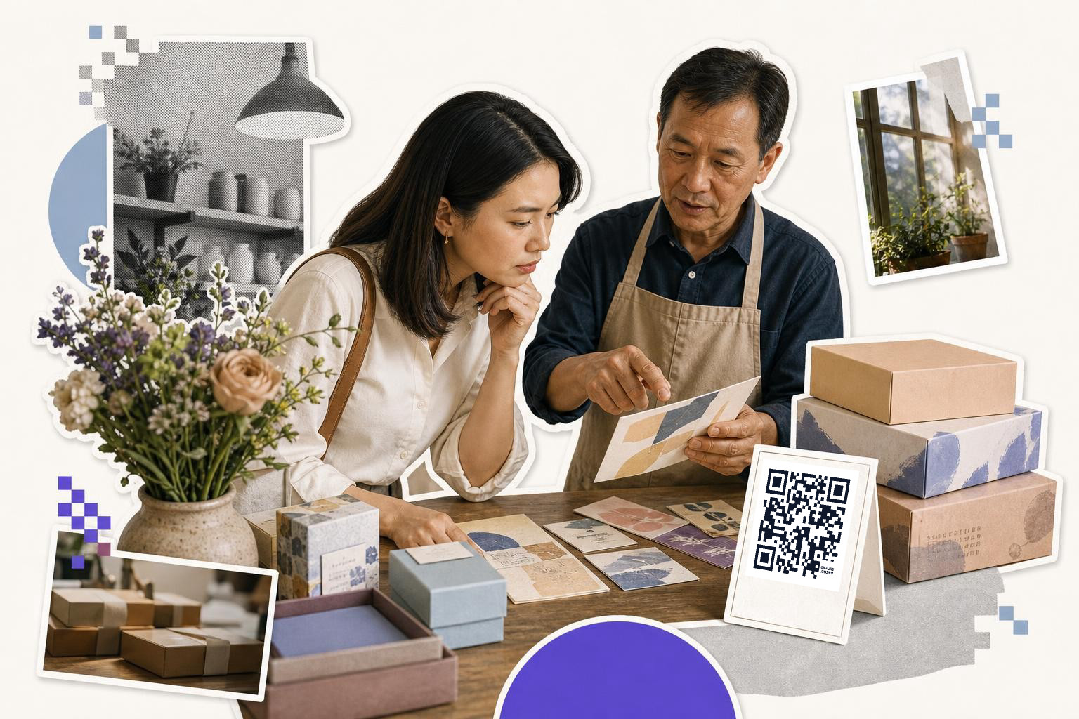 Two people examining design samples at a table with a QR code card and stacked boxes nearby.