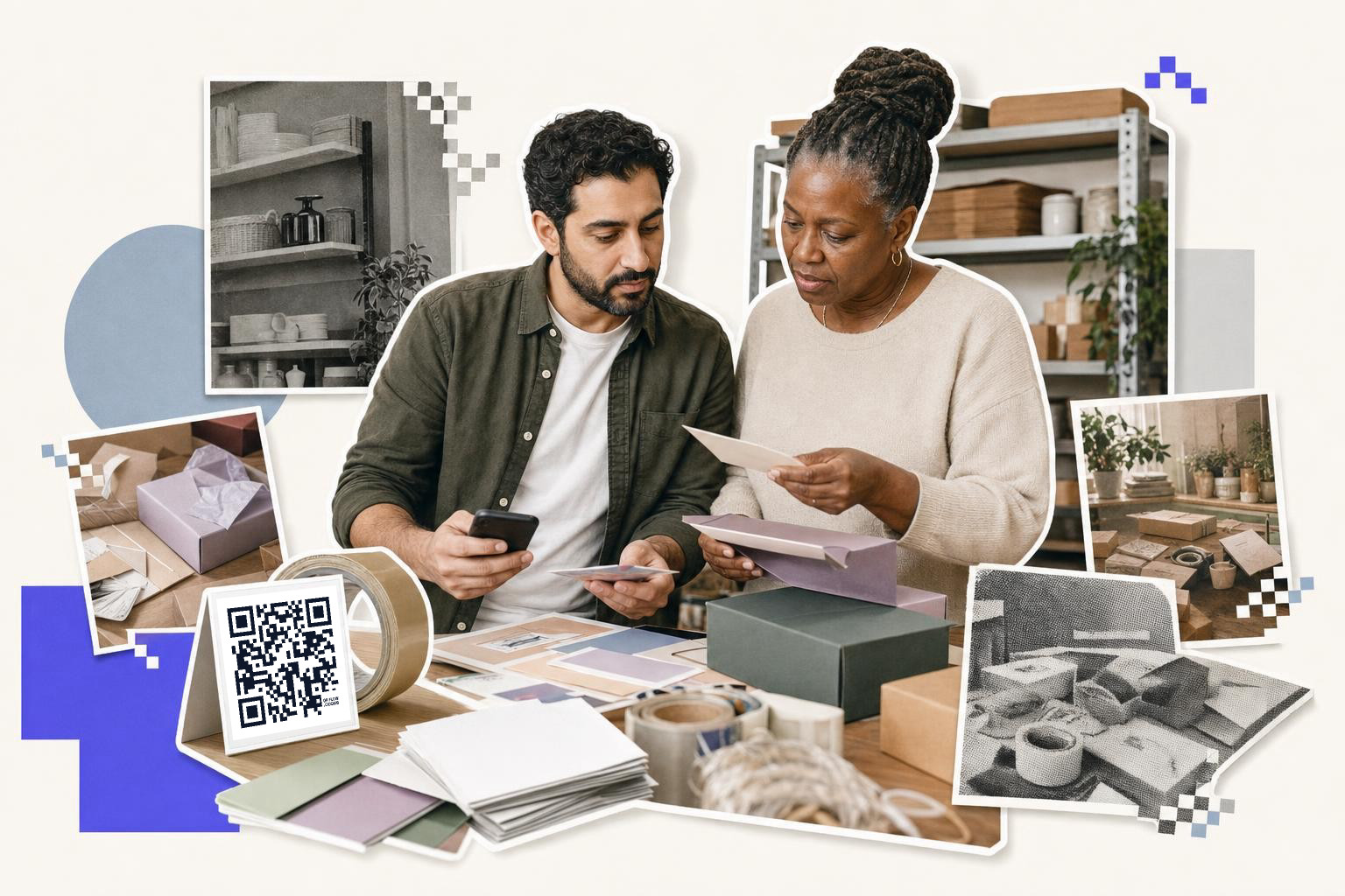 Two people examining packaging materials with a QR code card on the table in a workshop setting., online qr code generat