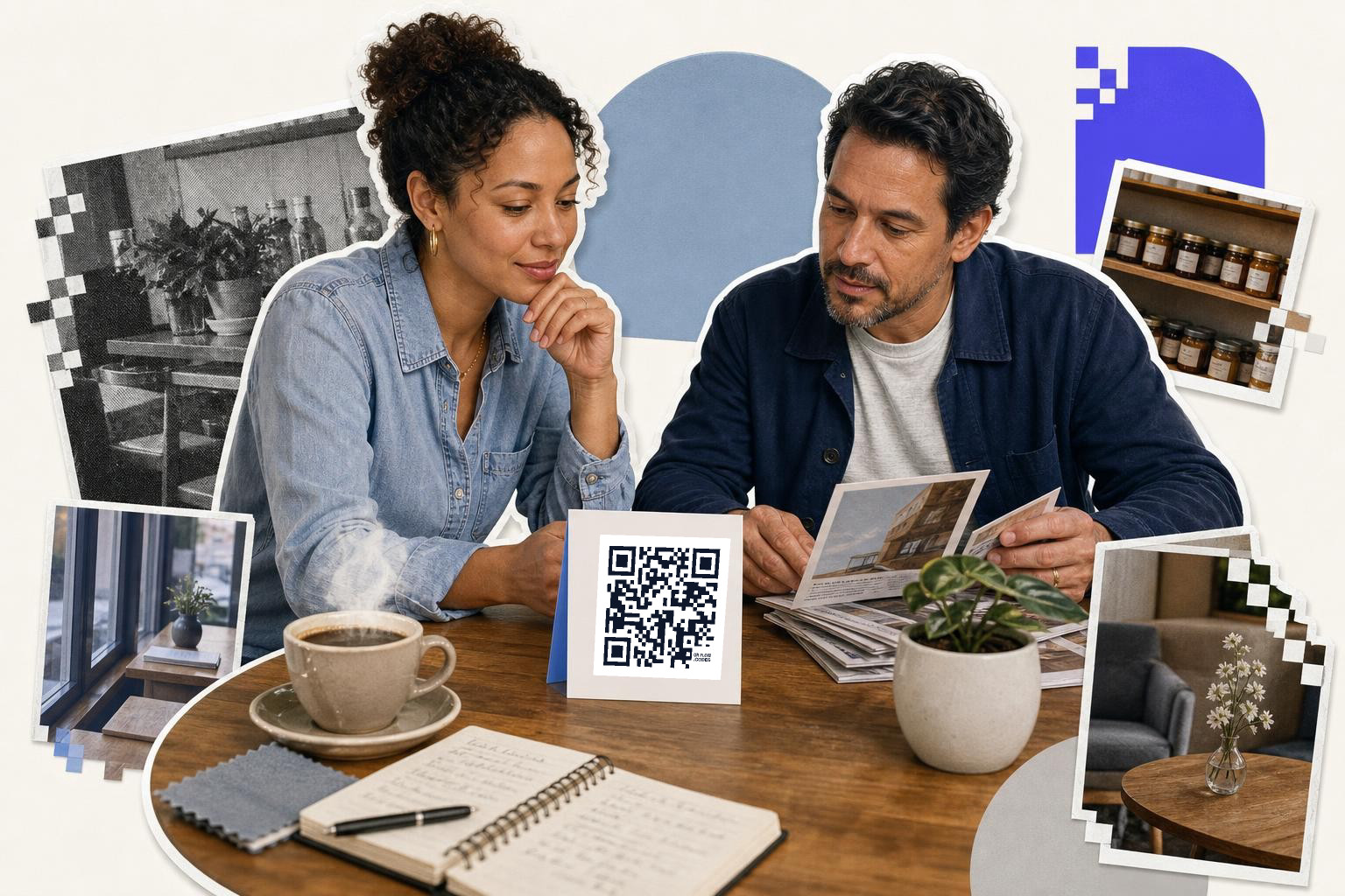Two people sitting at a table with a QR code card and various photos around them.