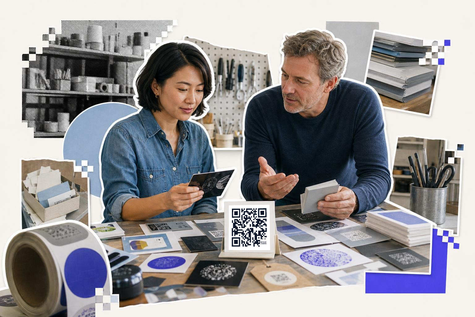 Two people at a table discussing printed materials with a QR code card in front of them.