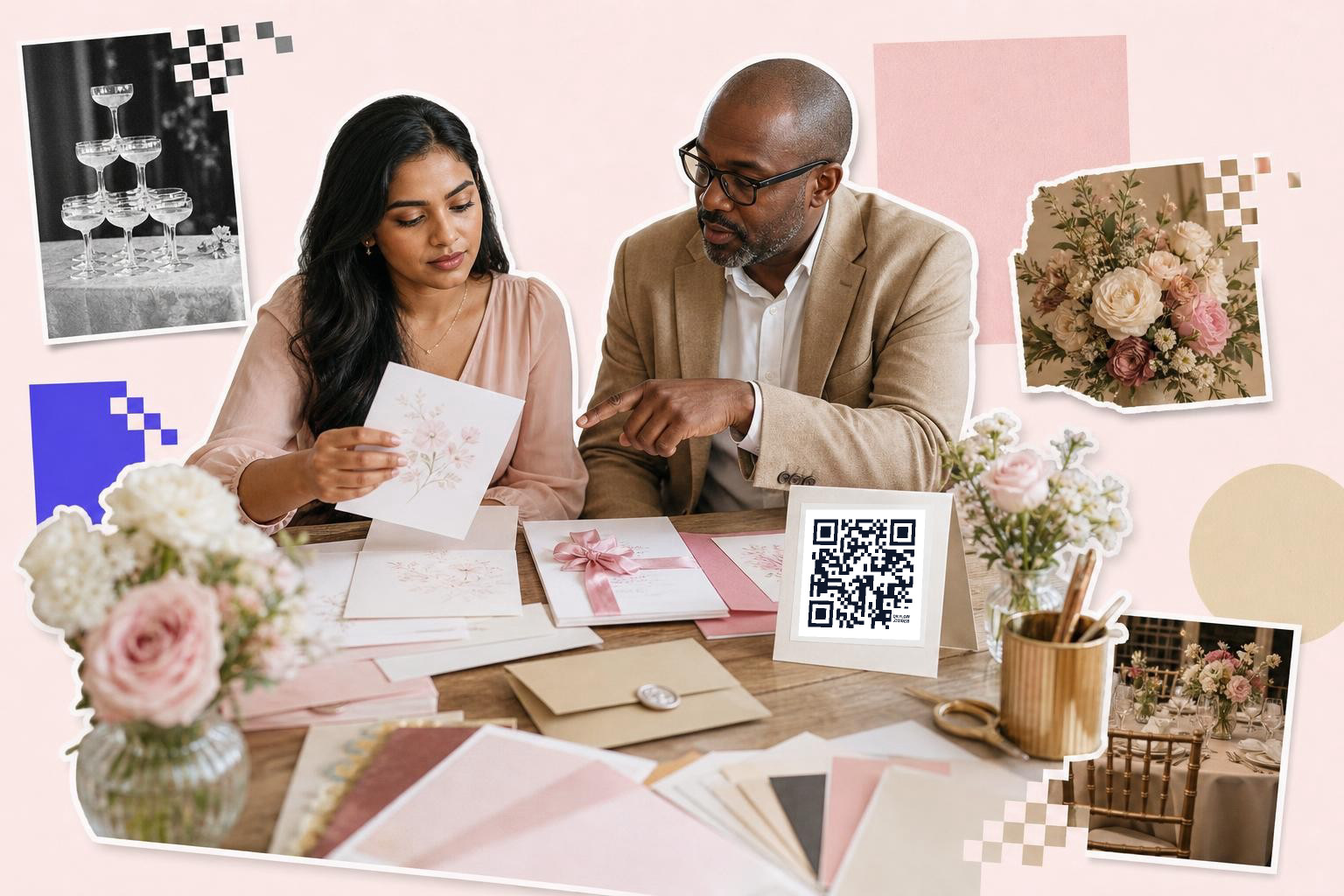 Two people discussing floral cards at a table with a QR code card and flowers around them.