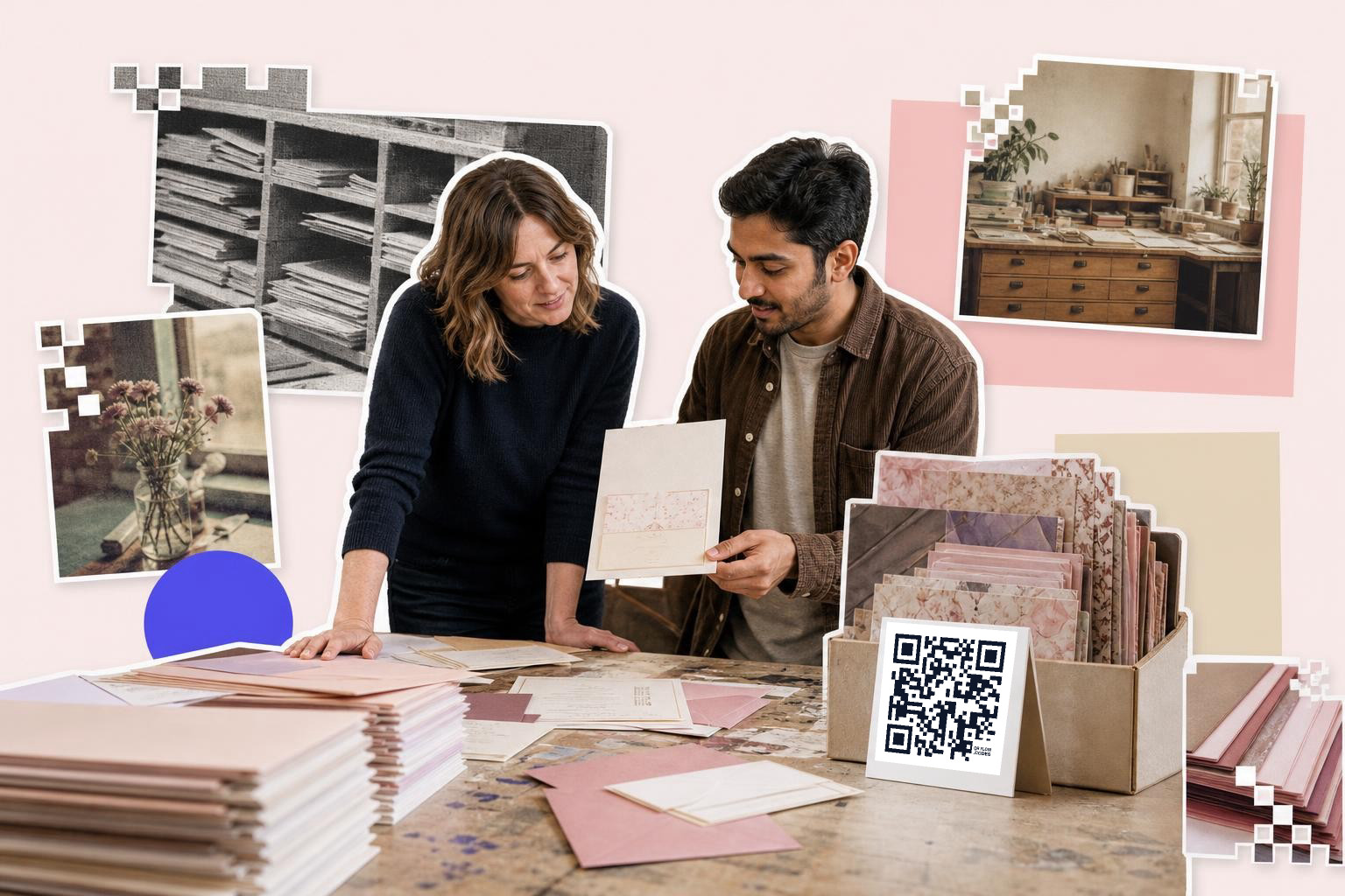 Two people examining paper samples at a table with a QR code card and vintage photos.