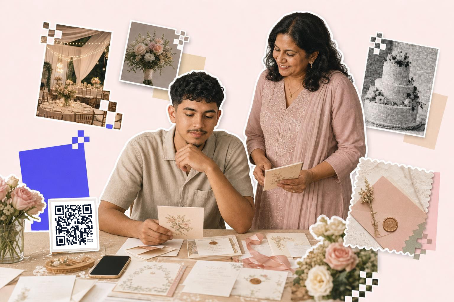 Two people reviewing wedding invitations with a QR code card on the table, surrounded by wedding decor images.