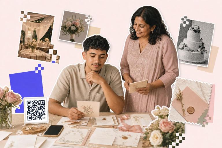 Two people reviewing wedding invitations with a QR code card on the table, surrounded by wedding decor images.