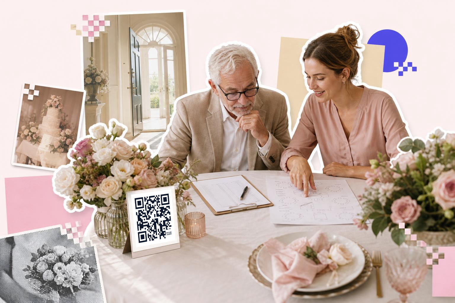 A man and a woman sit at a table with flowers, discussing wedding plans and looking at a printed card with a QR code.