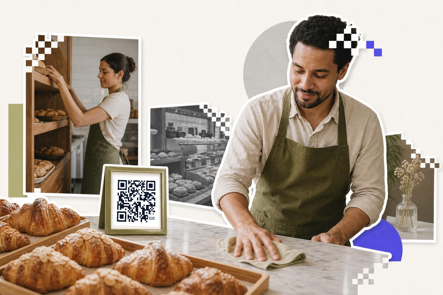 Man in apron wipes counter near croissants and QR code, woman arranges bread on shelf.