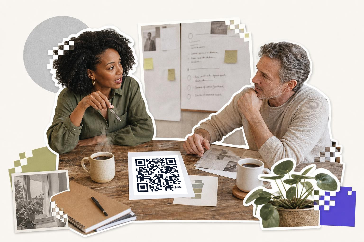 Two people sitting at a table with coffee discussing a QR code on a paper.