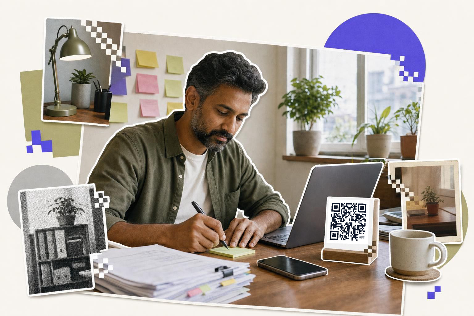 Small business owner at a desk with a laptop, a printed QR code card and sticky notes listing the claude connectors to add