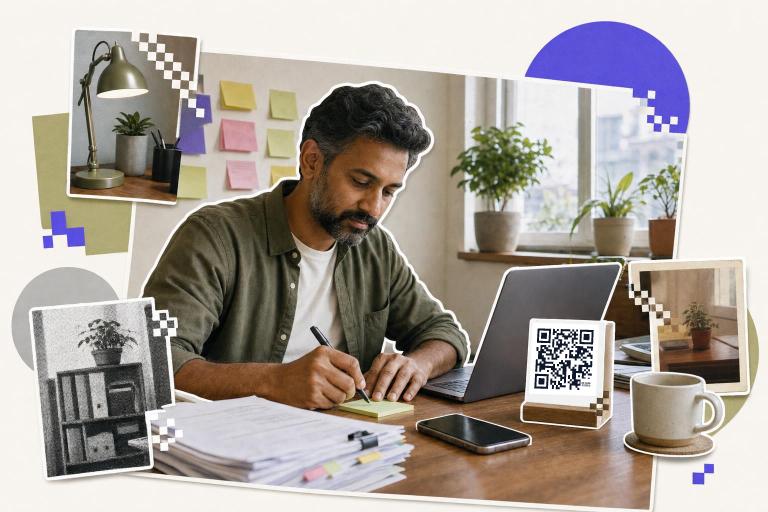 Small business owner at a desk with a laptop, a printed QR code card and sticky notes listing the claude connectors to add