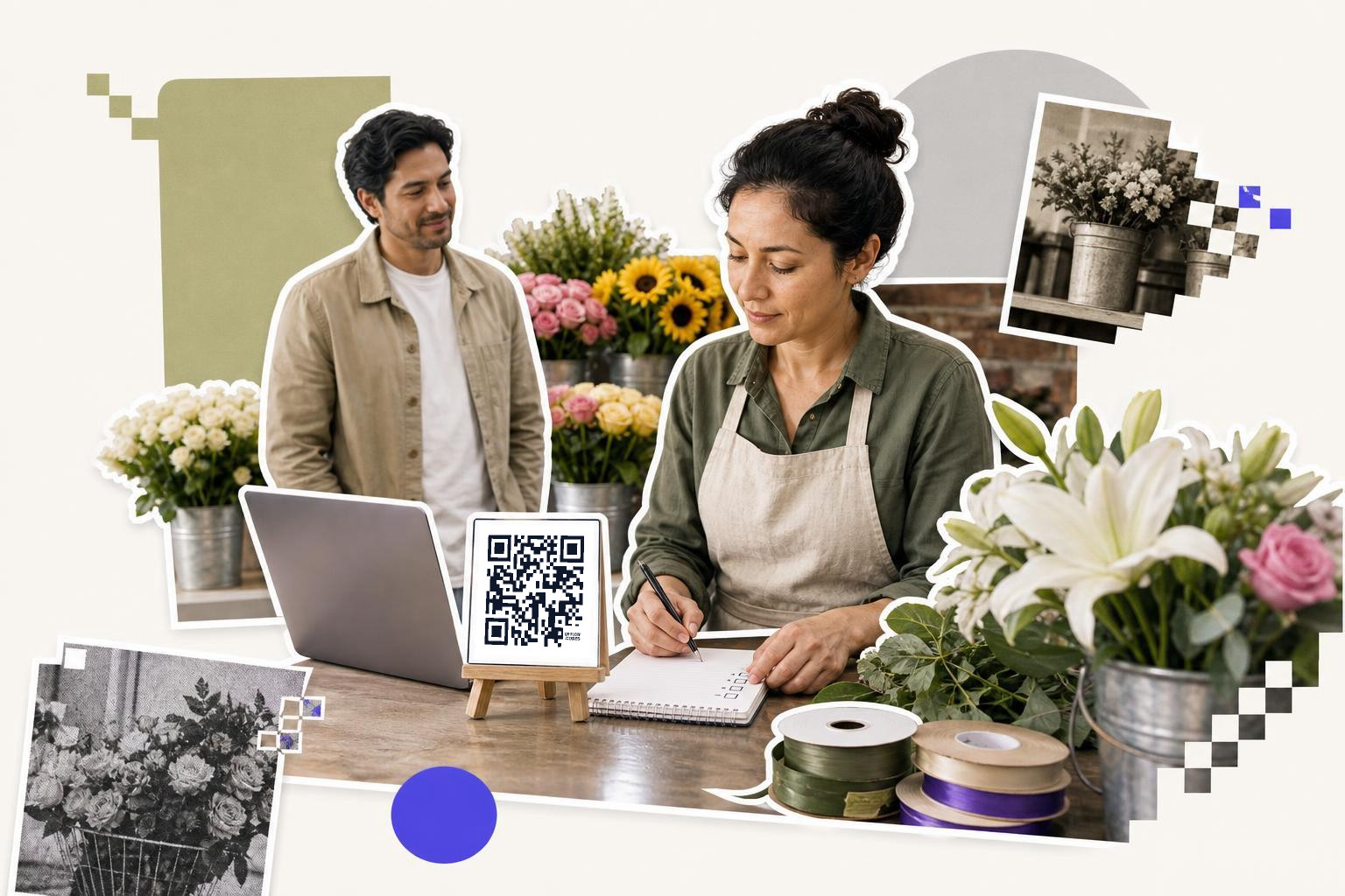 Woman in apron writes in notebook near laptop and QR code, man stands by flowers in shop.
