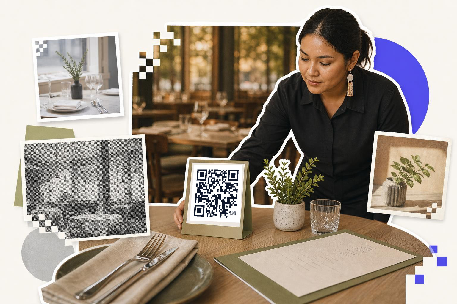 Woman in black shirt placing QR code card on restaurant table with plant and glass.