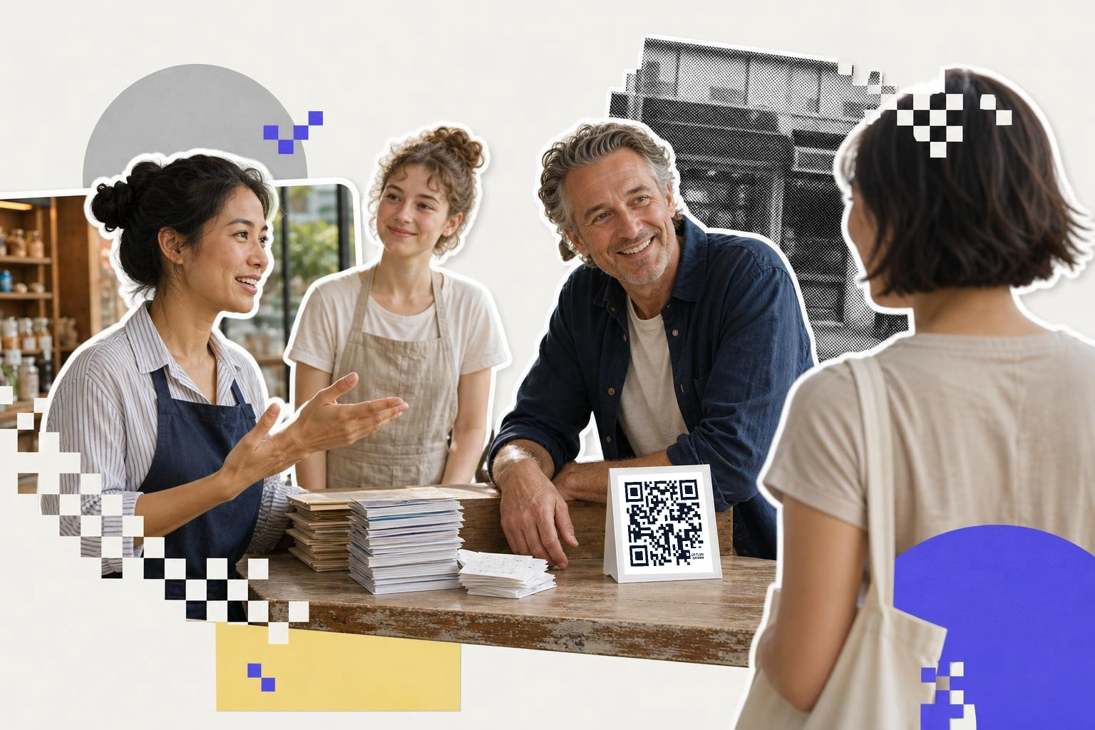A friendly conversation at a café with two women and a man, a printed card with a QR code on the table.
