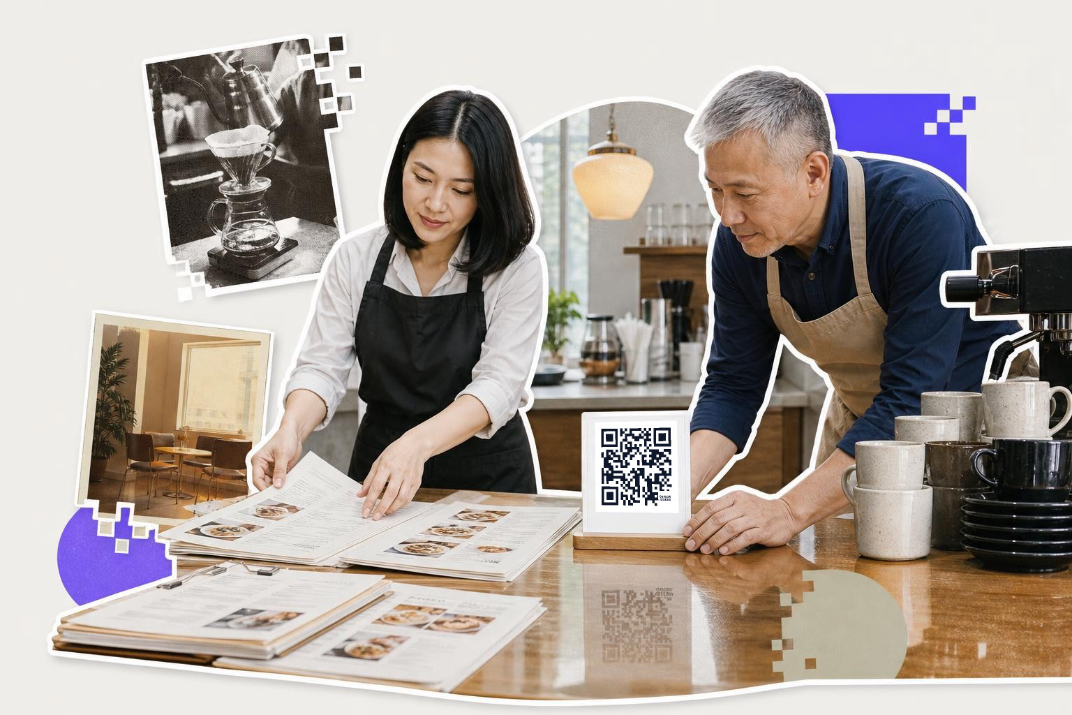 Two people in aprons organize menus on a table with a QR code stand nearby in a cafe.