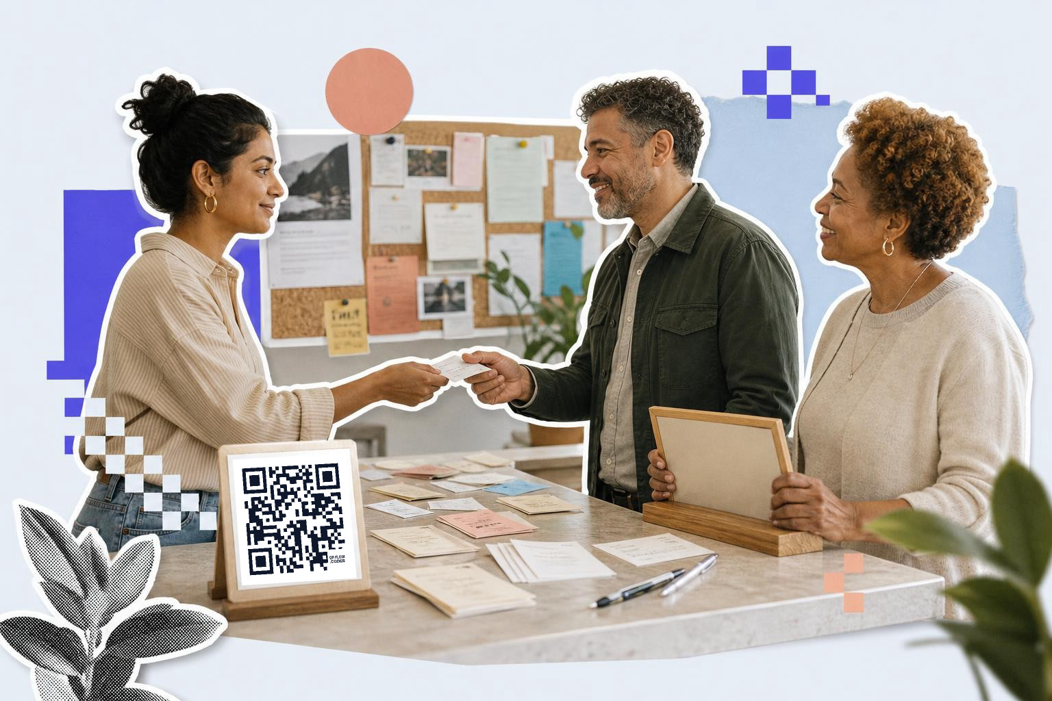 Three people exchanging a card at a counter with a QR code sign and bulletin board.