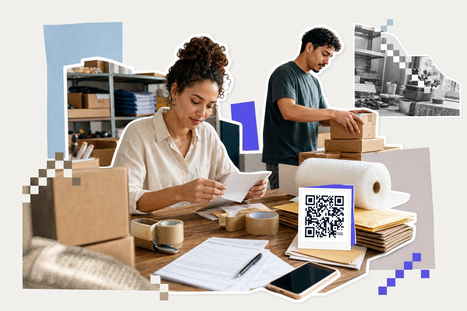A woman examines a printed card while a man stacks boxes in a workspace filled with packing materials and supplies, featuring a QR code.
