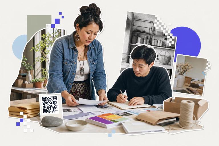 Two people working at a table with papers and an ai qr code generator card nearby.