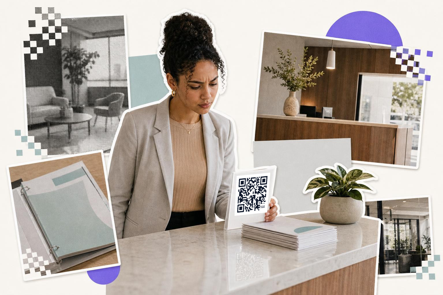 Woman in office holding QR code card at reception desk with plant and documents nearby.