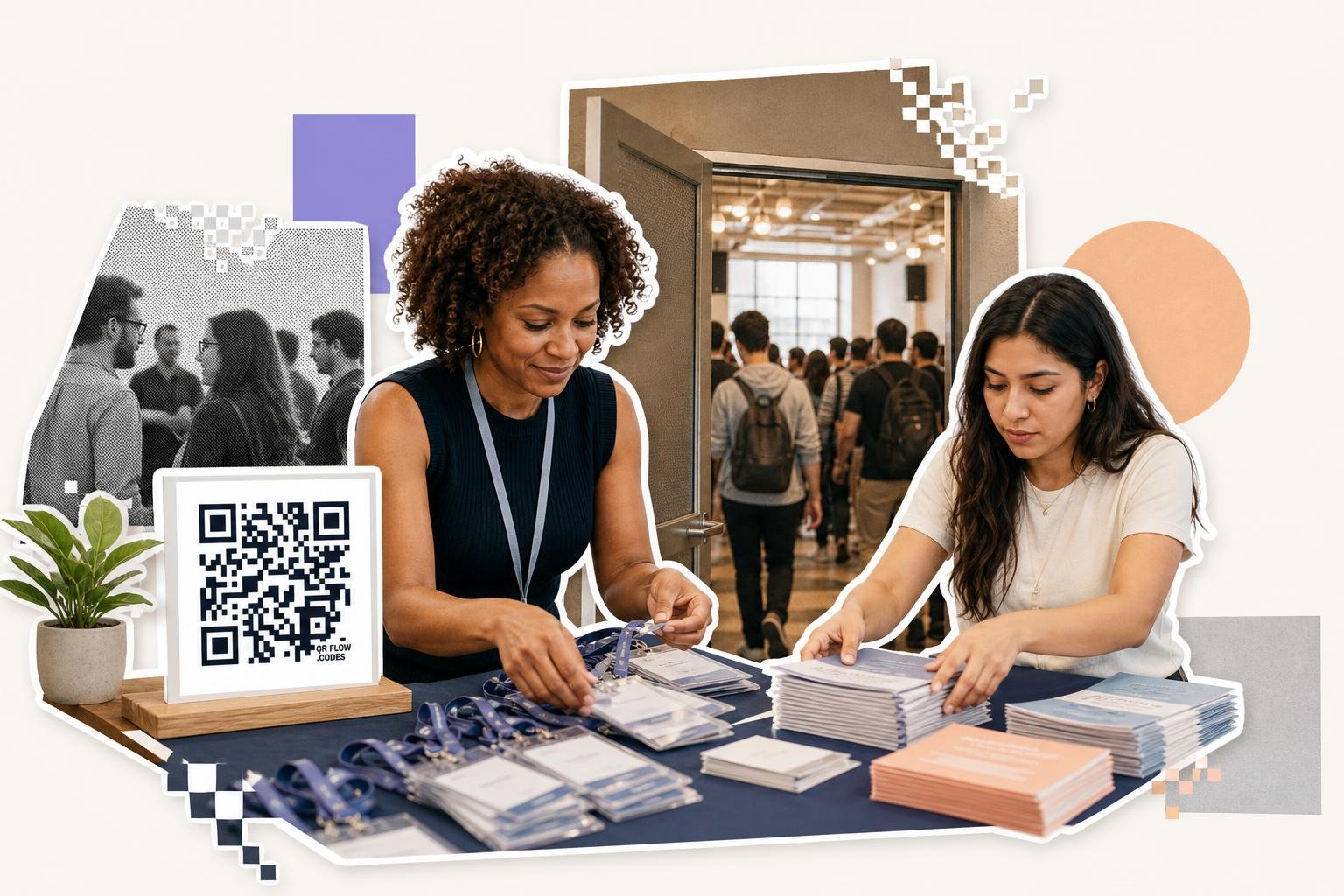 Two women organizing name tags and brochures at a registration table with a QR code display.