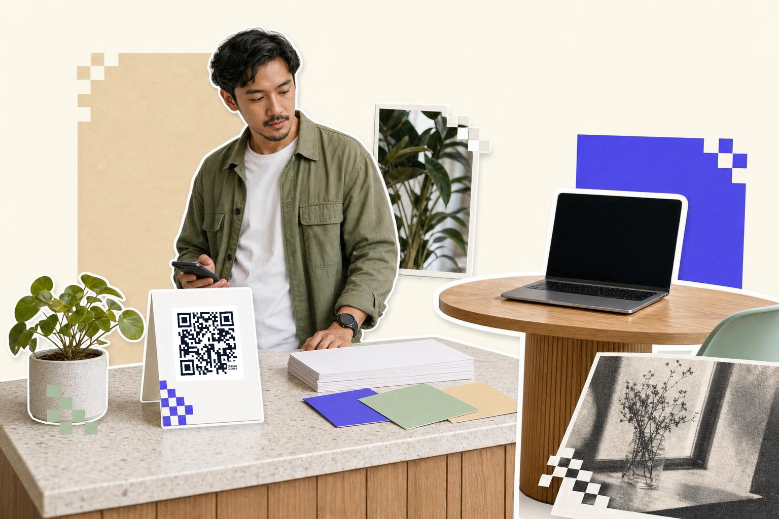 A person using a laptop to create a QR code for a Google Form, sitting at a wooden desk, with warm lighting illuminating the screen.