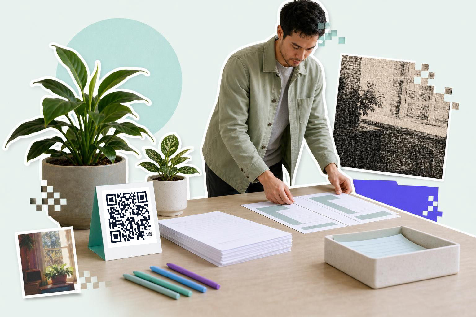 Man arranging papers on a table with plants, pens, and a QR code card nearby.