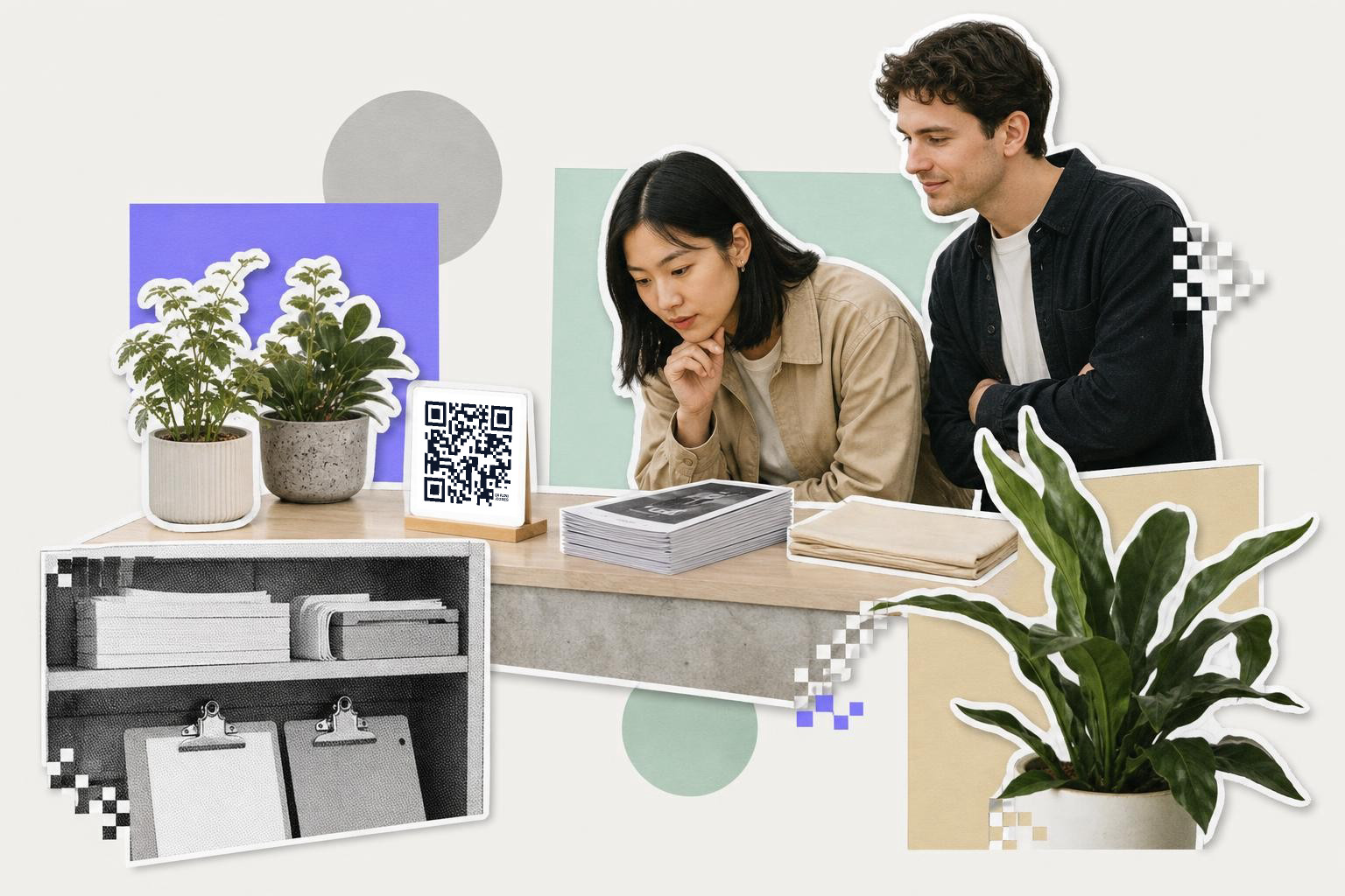 Two people examining a QR code on a table with plants and documents around them.