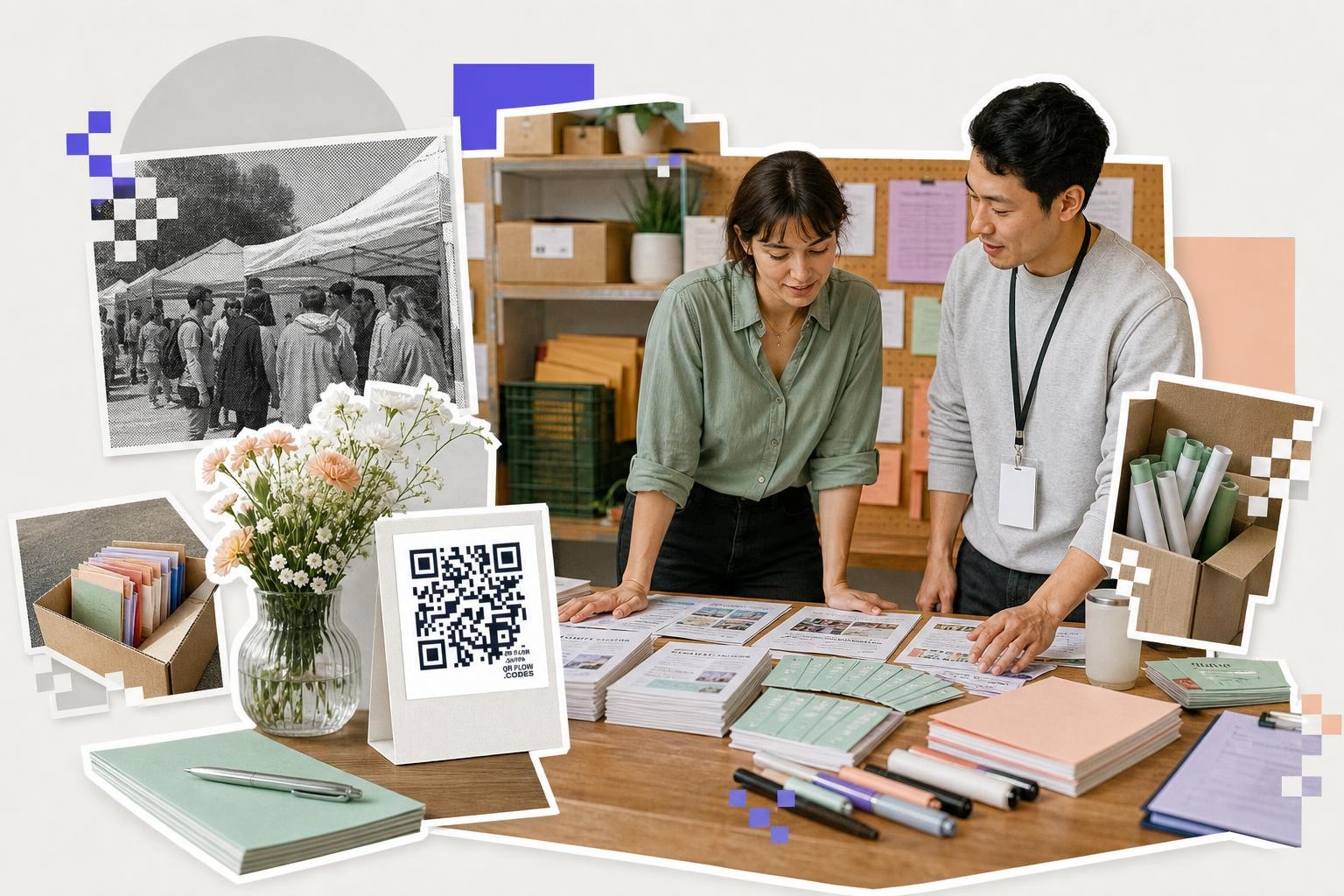 Two people reviewing documents on a table with a QR code card and flowers nearby in an office.