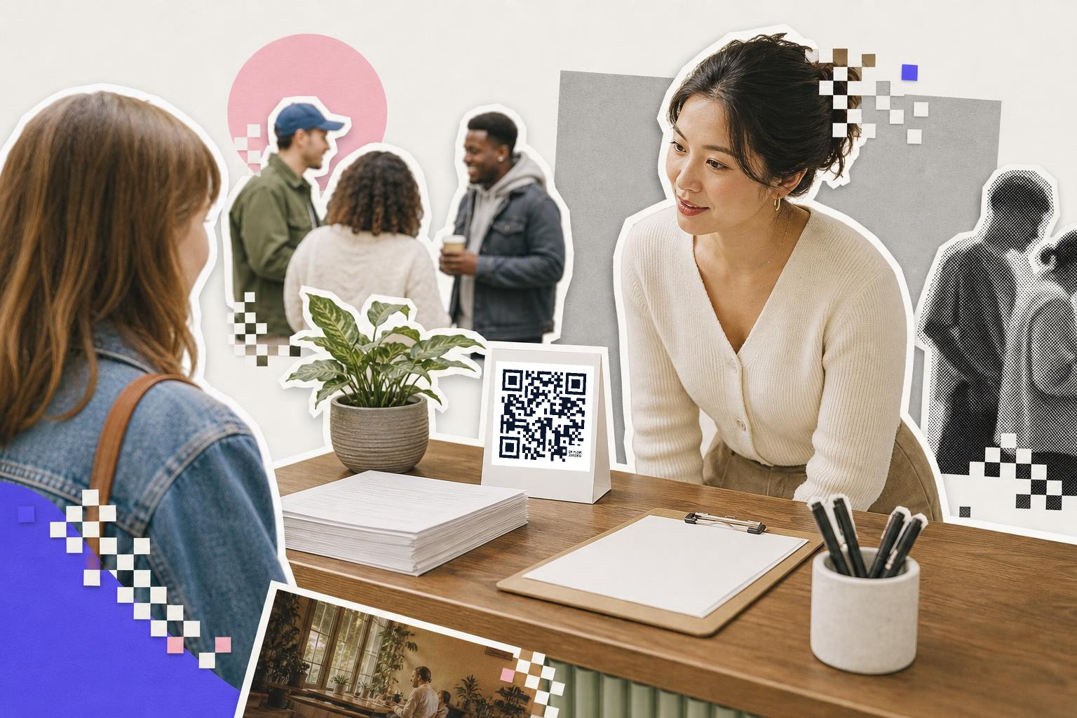 Woman at a desk with a QR code card, talking to another person, with people in the background.