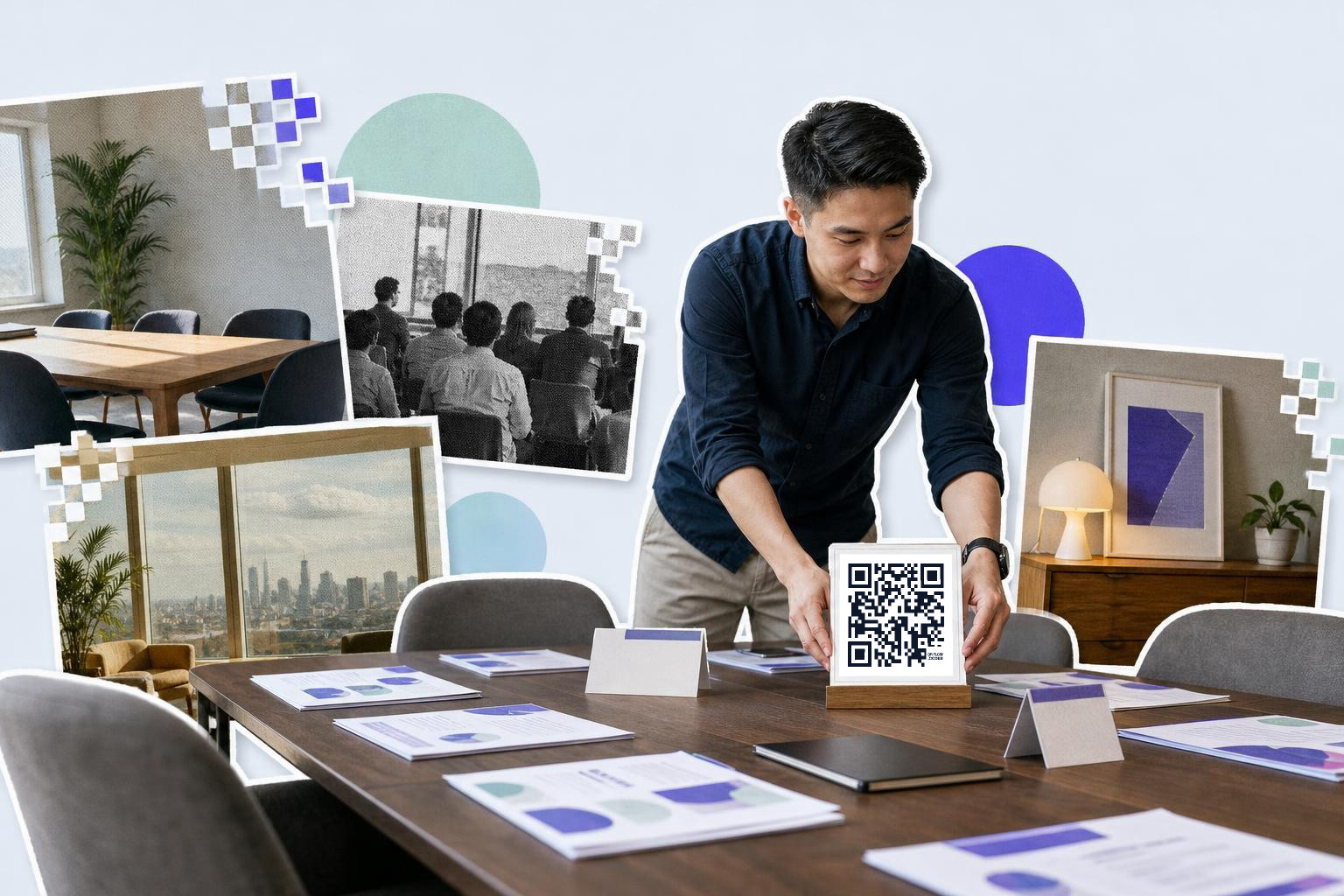 Man placing QR code card on table in office with various photo cutouts on wall