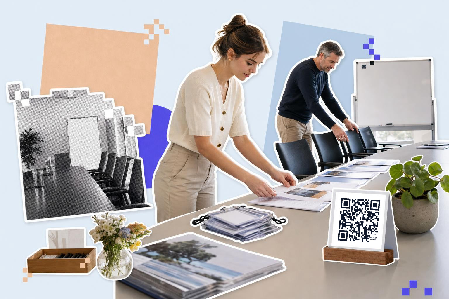 Two people arranging papers on a table with a zoom QR code generator card displayed prominently.