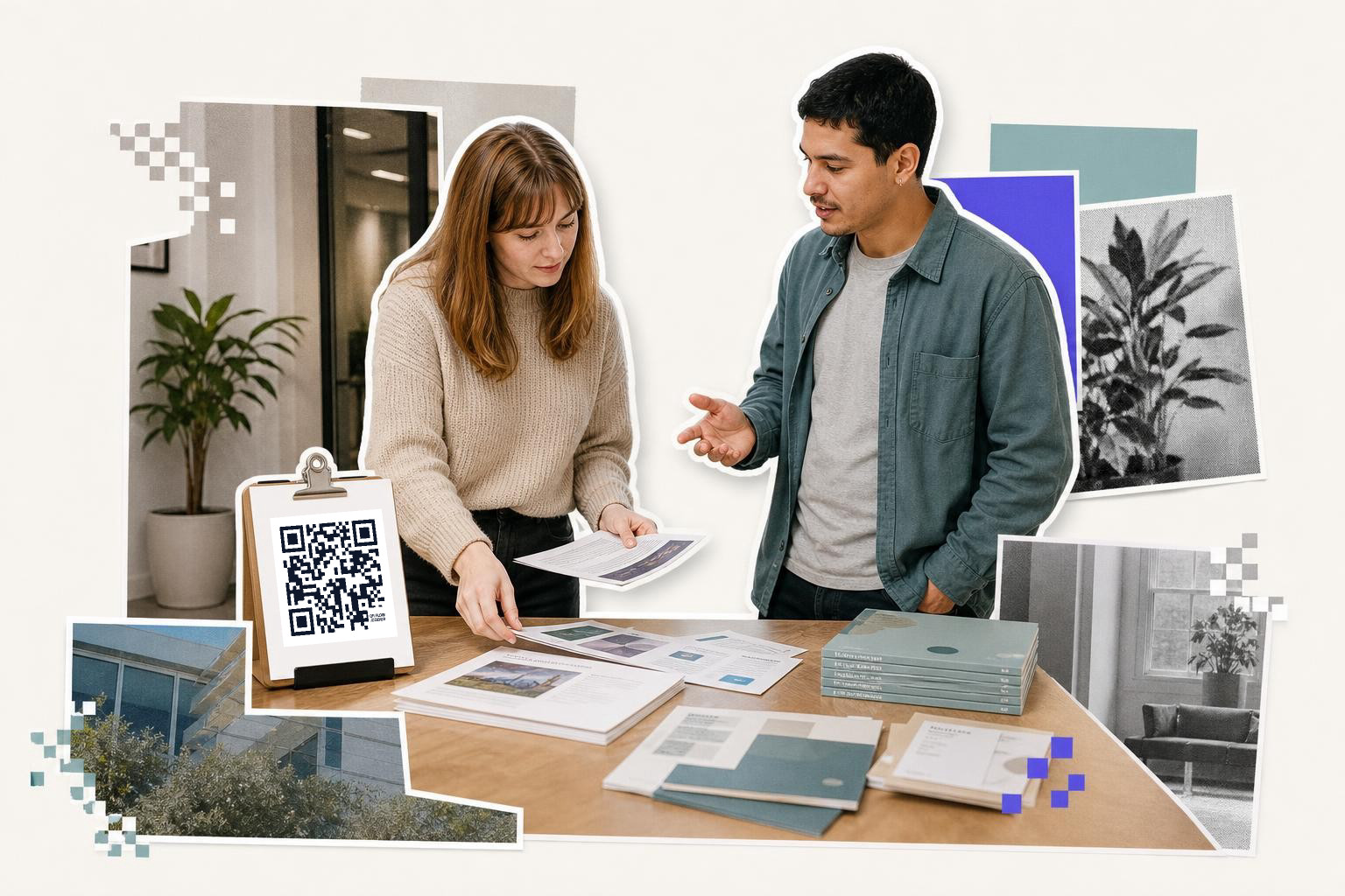 Two people discussing documents at a table with a QR code on a clipboard nearby.