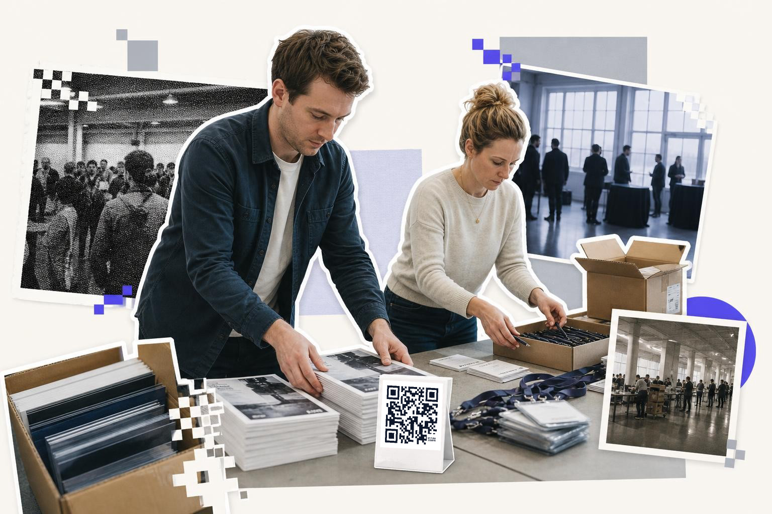 Two people organizing materials on a table with a QR code card and boxes around them.