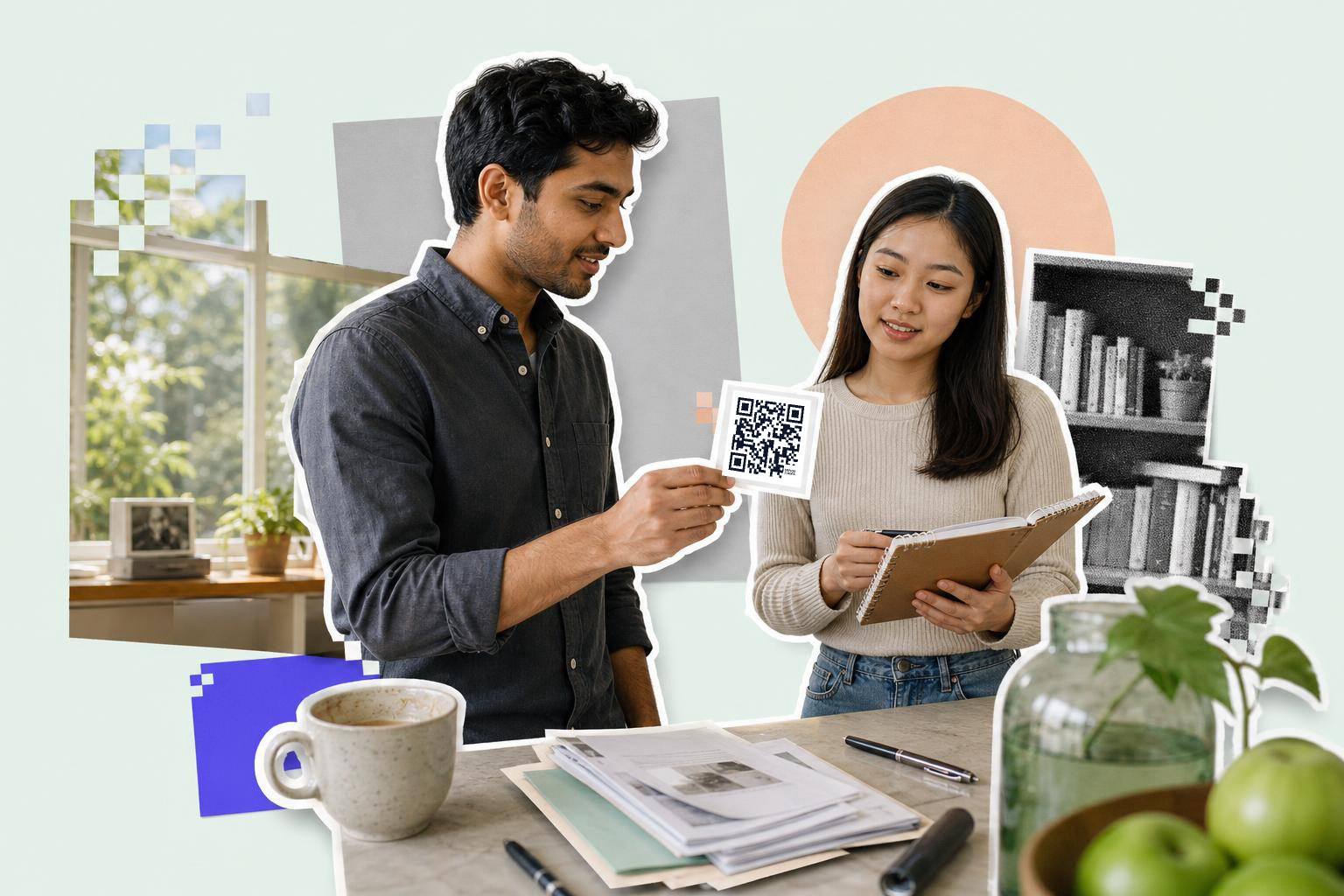 Two people in a scene setting, one holding a QR code card, with books and apples nearby.