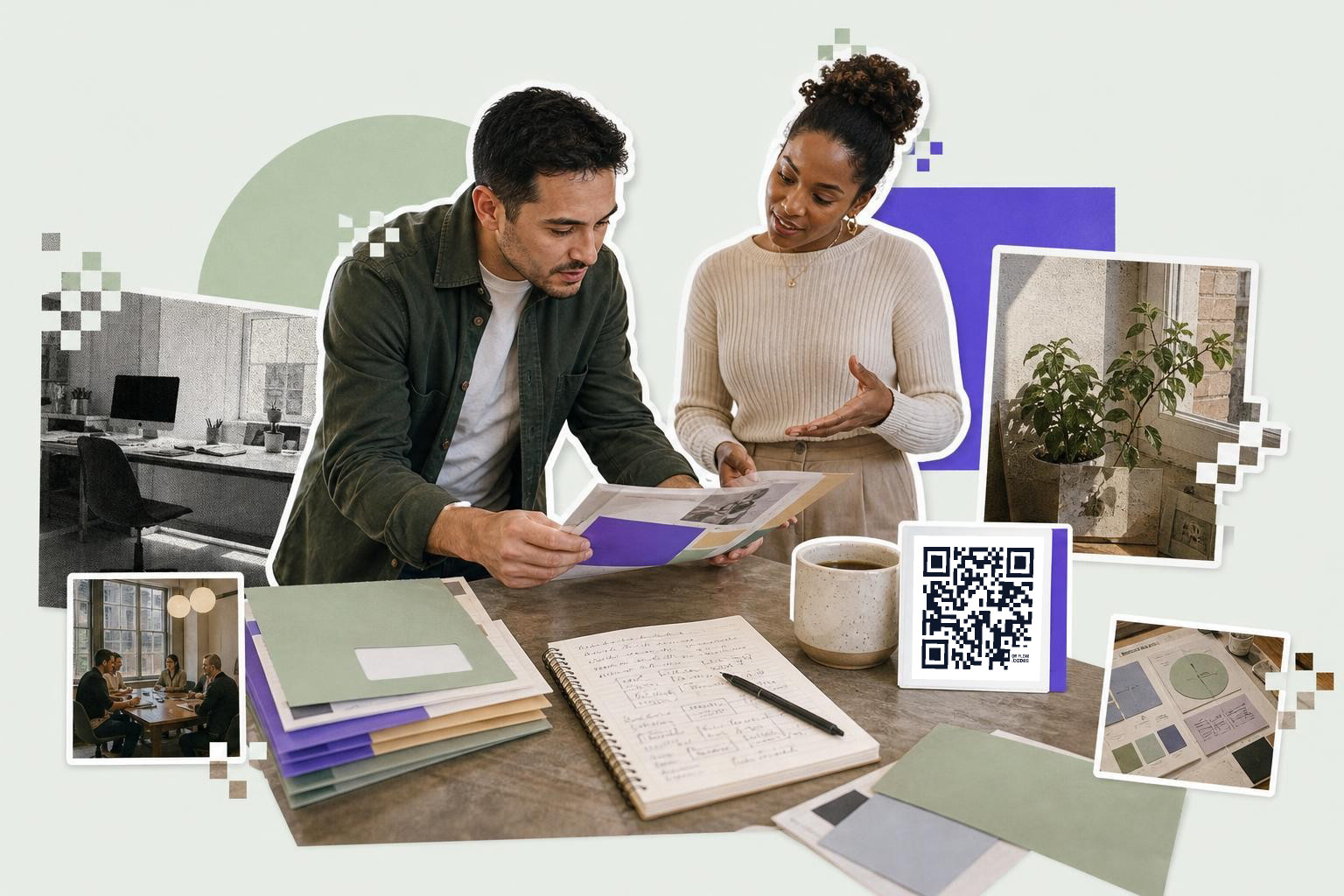 Two people discussing documents at a table with a QR code card and notebooks.