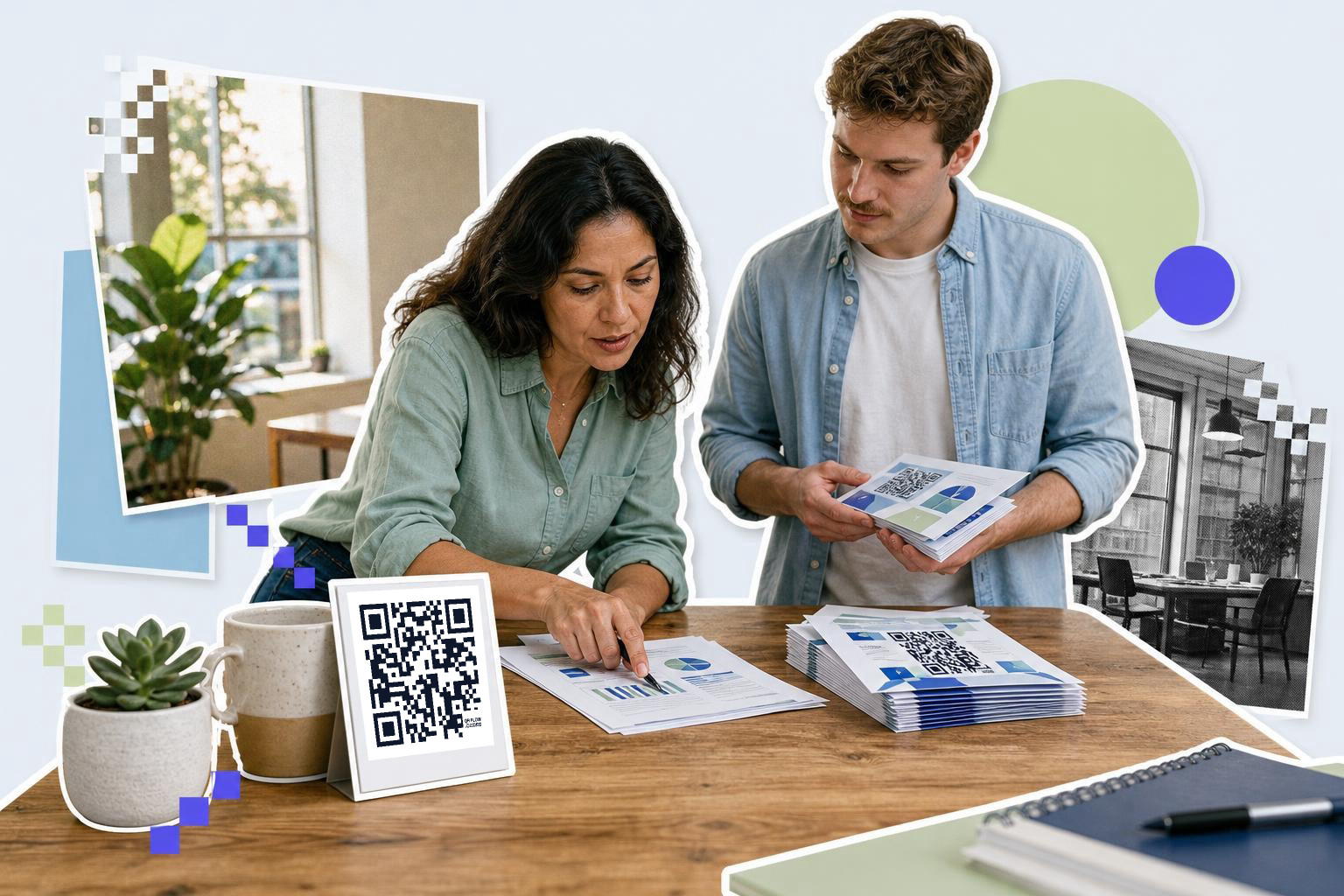 Two people reviewing documents with a QR code card on a table in an office setting.