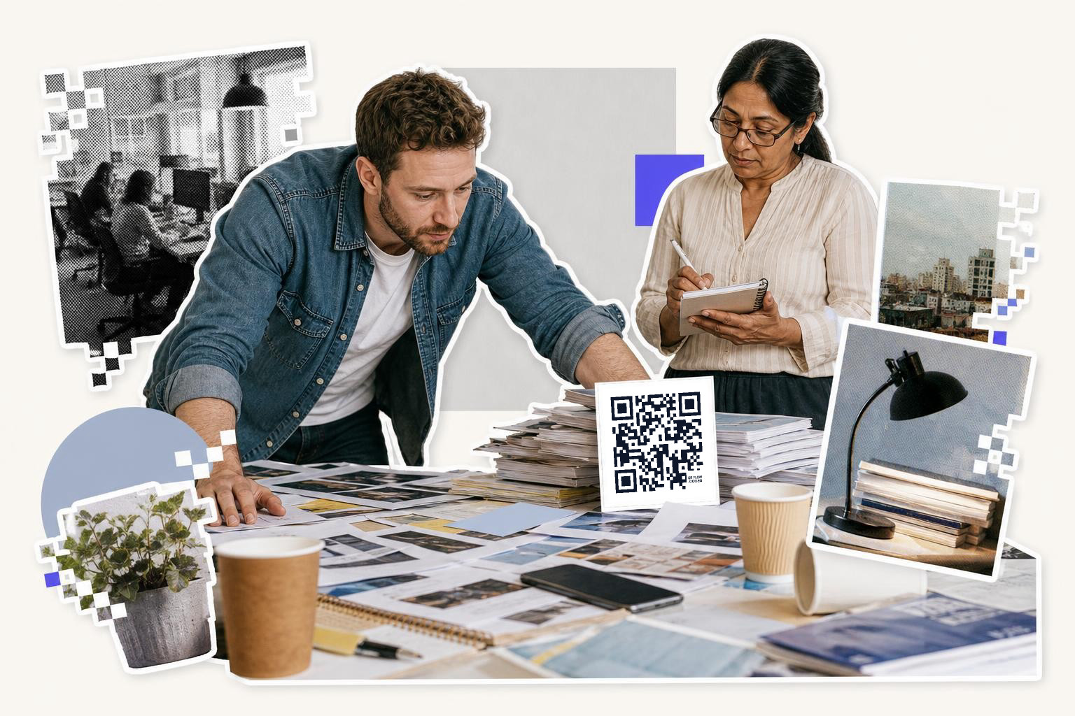 Two people reviewing documents on a table with a QR code card and various cut-out images around them.