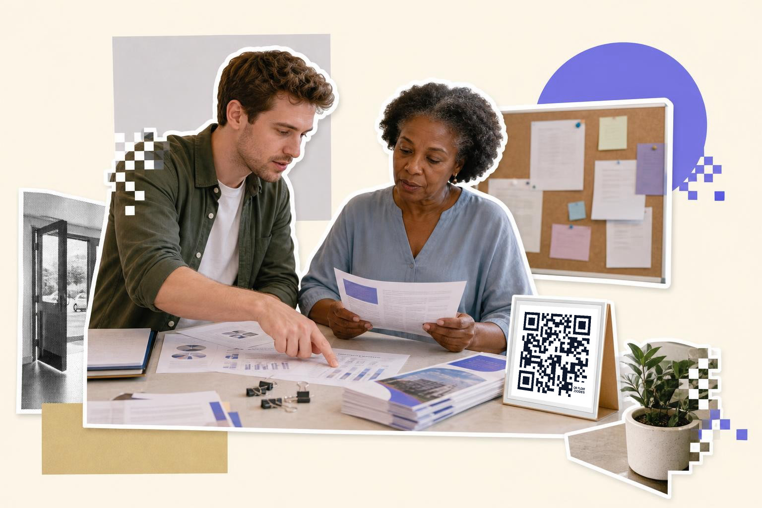 Two people reviewing documents at a table with a QR code card and bulletin board nearby.