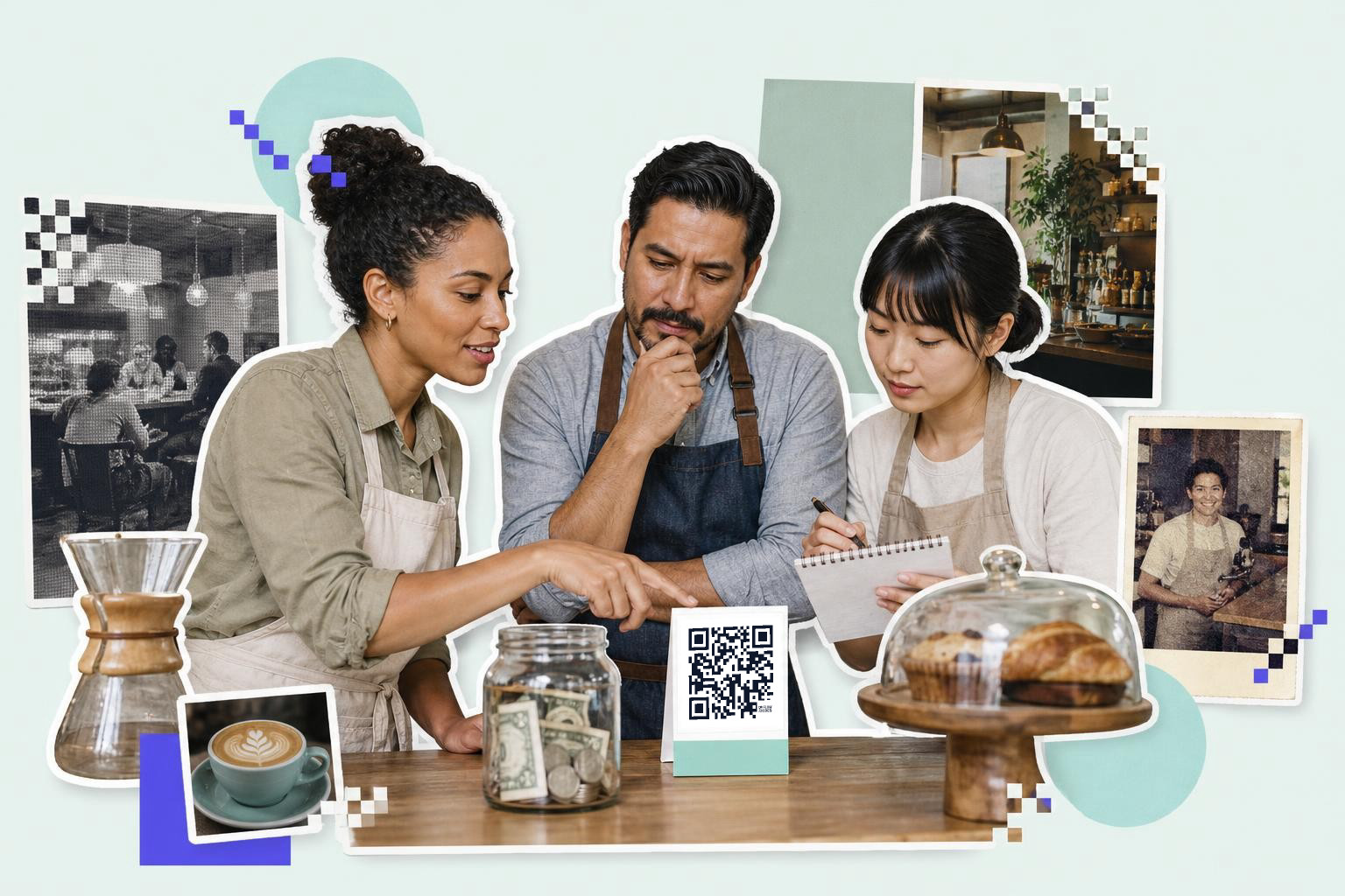 Three people in aprons discuss a QR code on a counter with a tip jar and pastries.