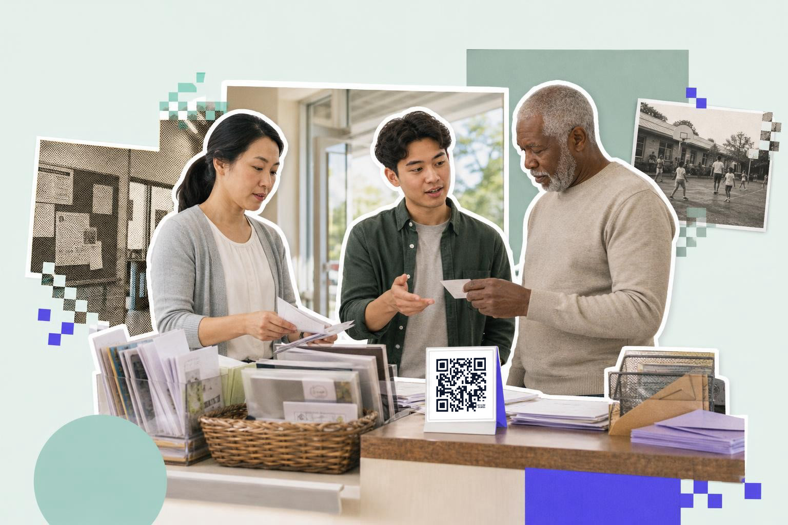 A woman and a man discuss a printed card with a QR code while another man looks on, in a community center setting.